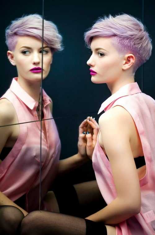 Undercut-hair-Cool-female-makeup-trend-color-pastel-violet-short-with-pastel-purple-and-matched-Lipstick