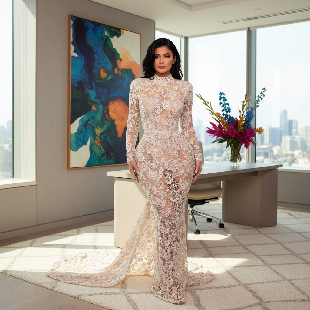 Kylie Jenner a purtat un body din dantelă transparentă de la Valentino la birou