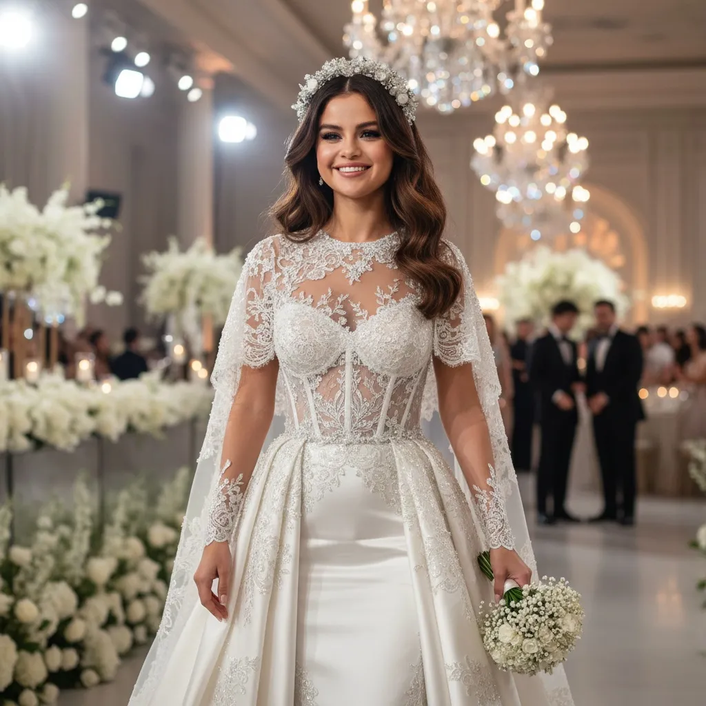 Selena Gomez a schimbat rochia de mireasă Ralph Lauren cu o rochie transparentă la recepție