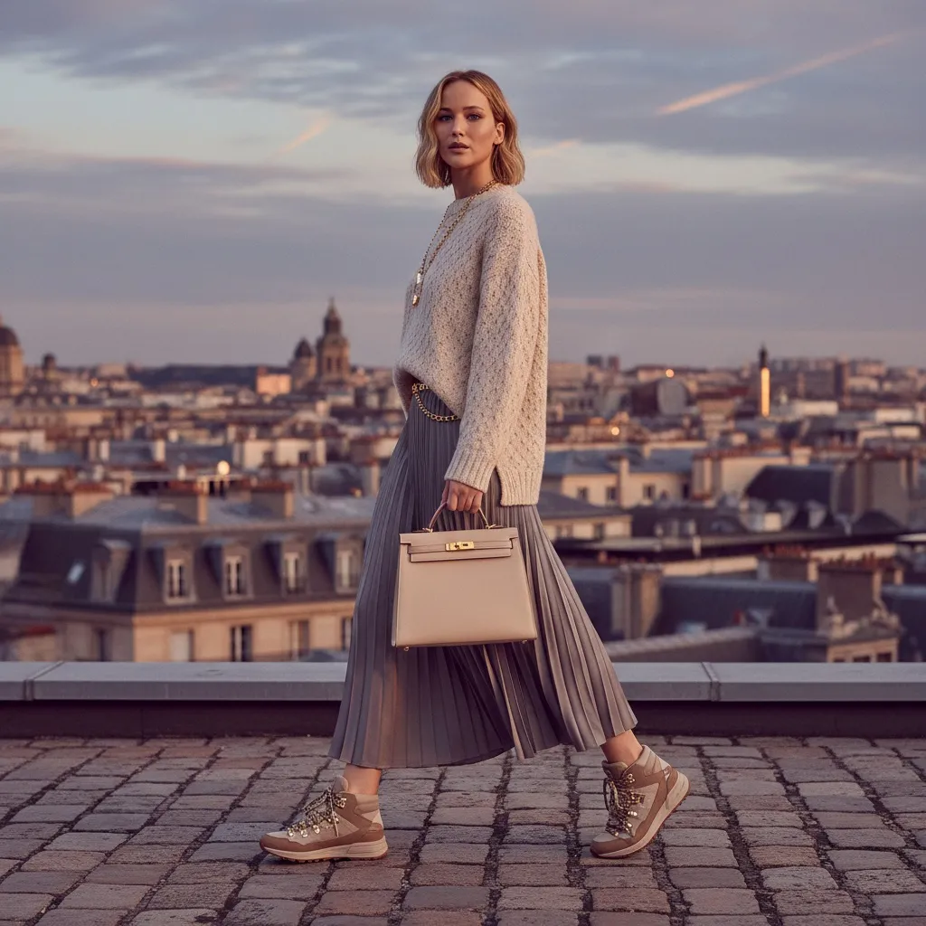 Jennifer Lawrence poartă geanta Hermès Kelly cu adidași de drumeție