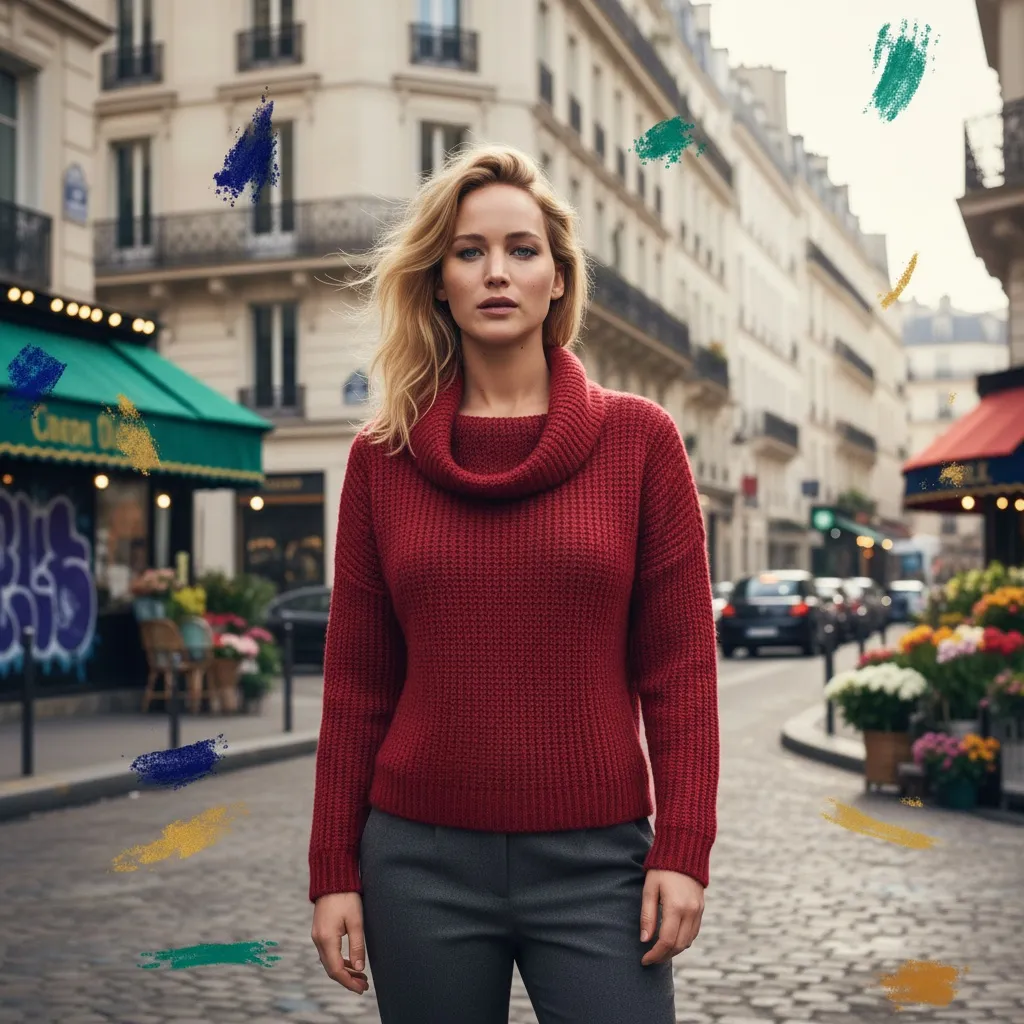 Jennifer Lawrence aduce moda franceză în New York cu un pulover roșu