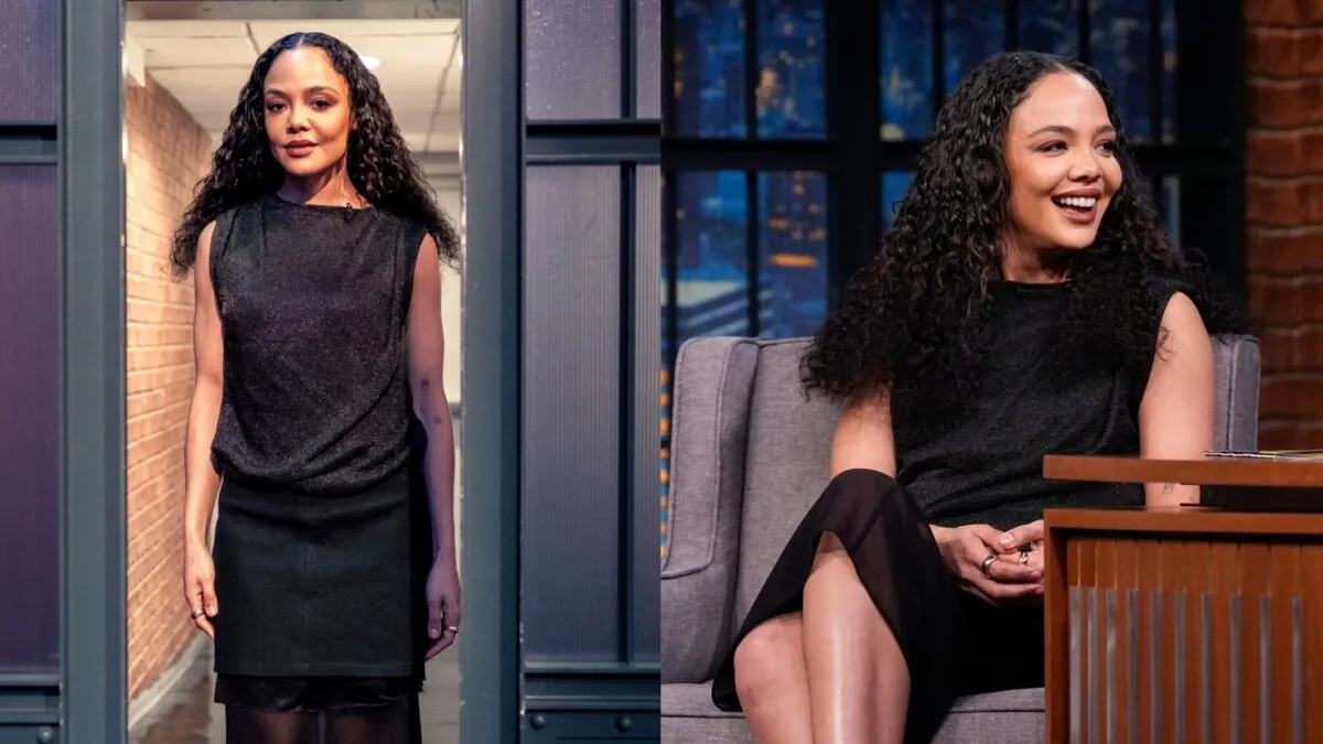 Tessa Thompson a uimit la Late Night cu o ținută transparentă și glam