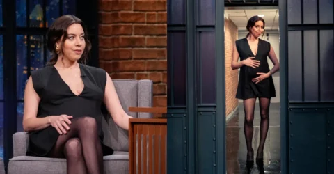Aubrey Plaza a reinventat rochia neagra intr-o tinuta de maternitate la Seth Meyers