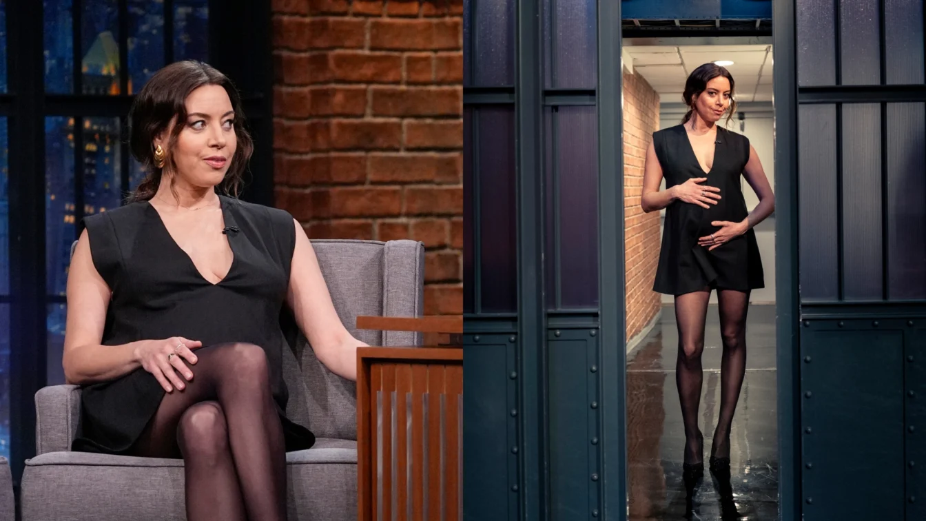 Aubrey Plaza a reinventat rochia neagra intr-o tinuta de maternitate la Seth Meyers