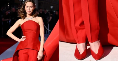 Emily Blunt, roșu din cap până-n picioare la premiera Diavolul se îmbracă de la Prada 2