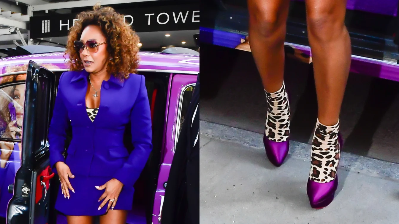 Mel B readuce în atenție tocurile de 14 cm purtate cu șosete cu imprimeu leopard