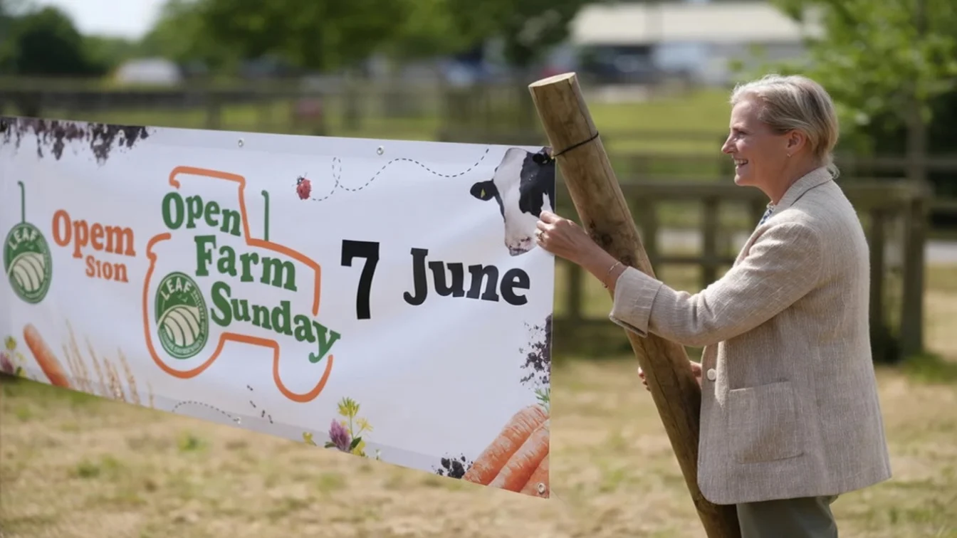 Duchess Sophie smiling and holding a sign for Open Farm Sunday on June 7