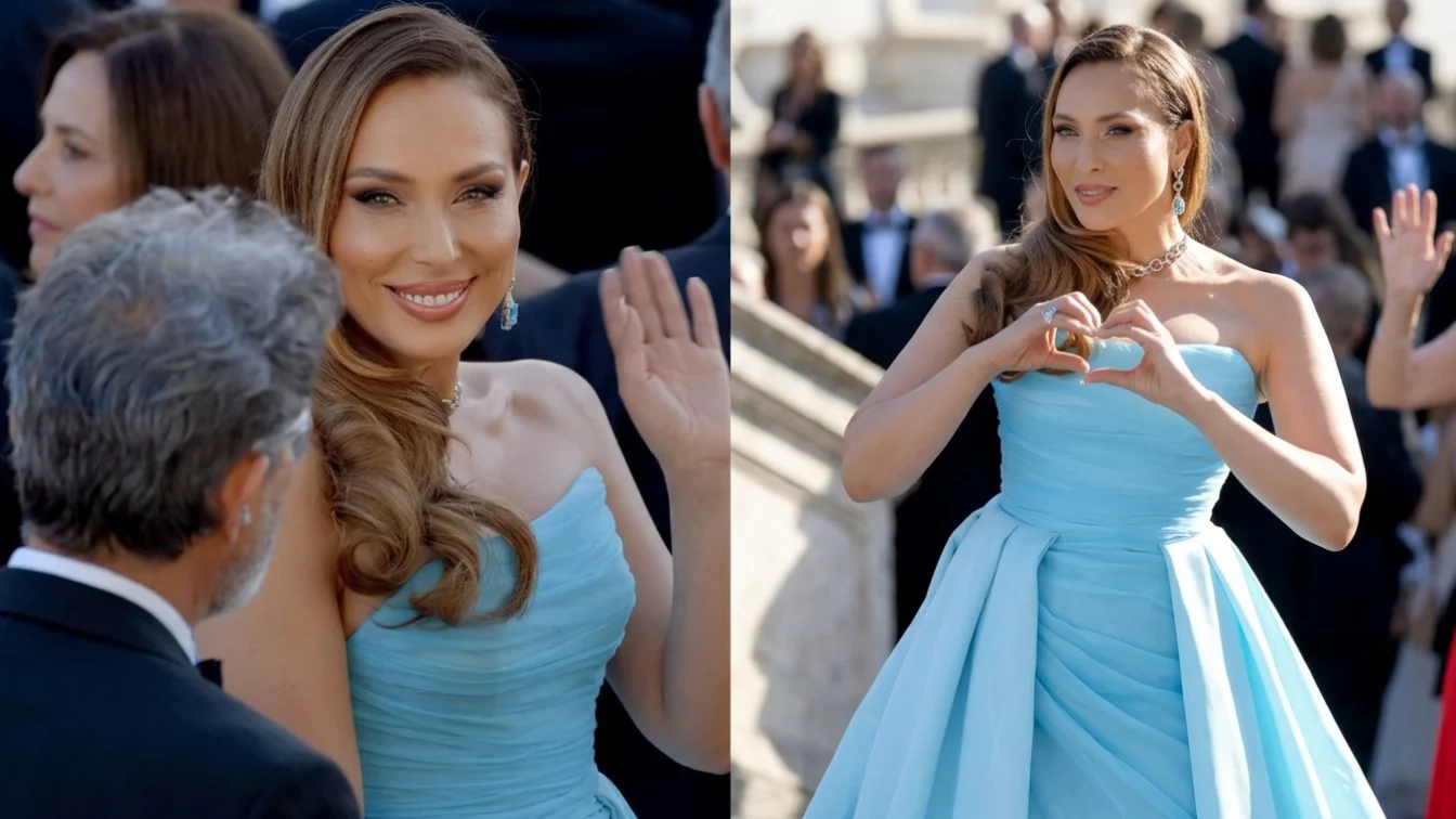 Iulia Vantur pe covorul rosu la Cannes 2026. A purtat o rochie bleu ciel la premiera Echoes of Us