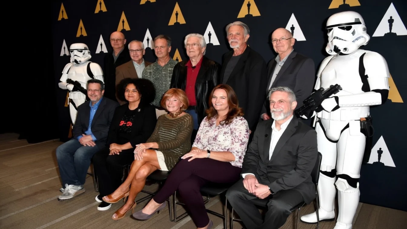 Marcia (front row, third from left) with the cast and crew of Star Wars