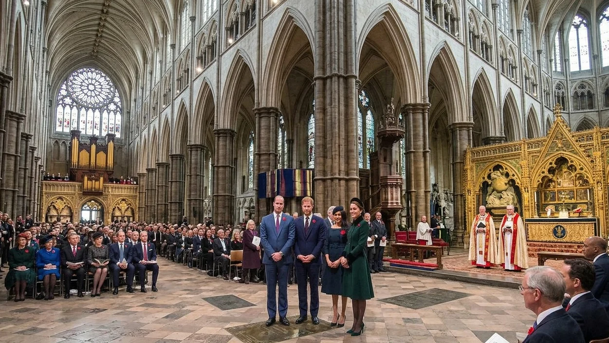 (L-R) Prince William, Prince Harry, Meghan Markle, Kate Middleton