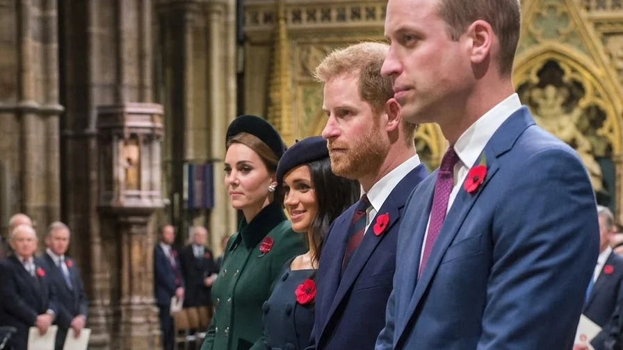 (L-R) Prince William, Prince Harry, Meghan Markle, Kate Middleton