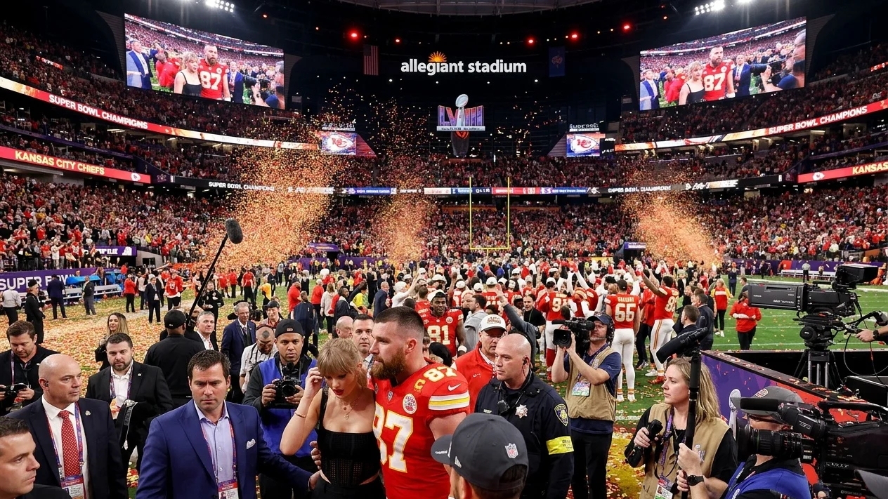 Taylor Swift embraces beau Travis Kelce after the Kansas City Chiefs win the super bowl beating the San Francisco 49ers 25-22.