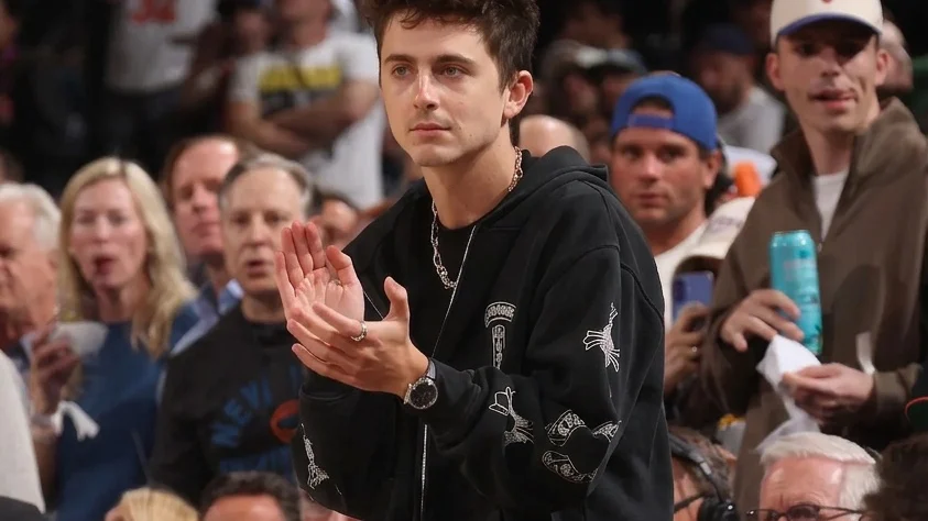 NEW YORK NY MAY 21 Timothee Chalamet attends a game between the Cleveland Cavaliers and the New York Knicks during Game...