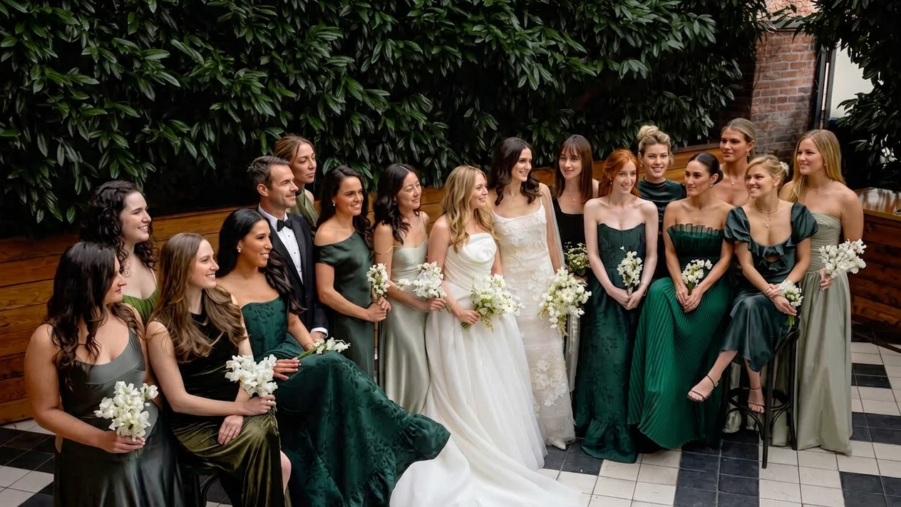 Image may contain Adult Person Wedding Groupshot Bridesmaid Clothing Dress Fashion Formal Wear and Gown