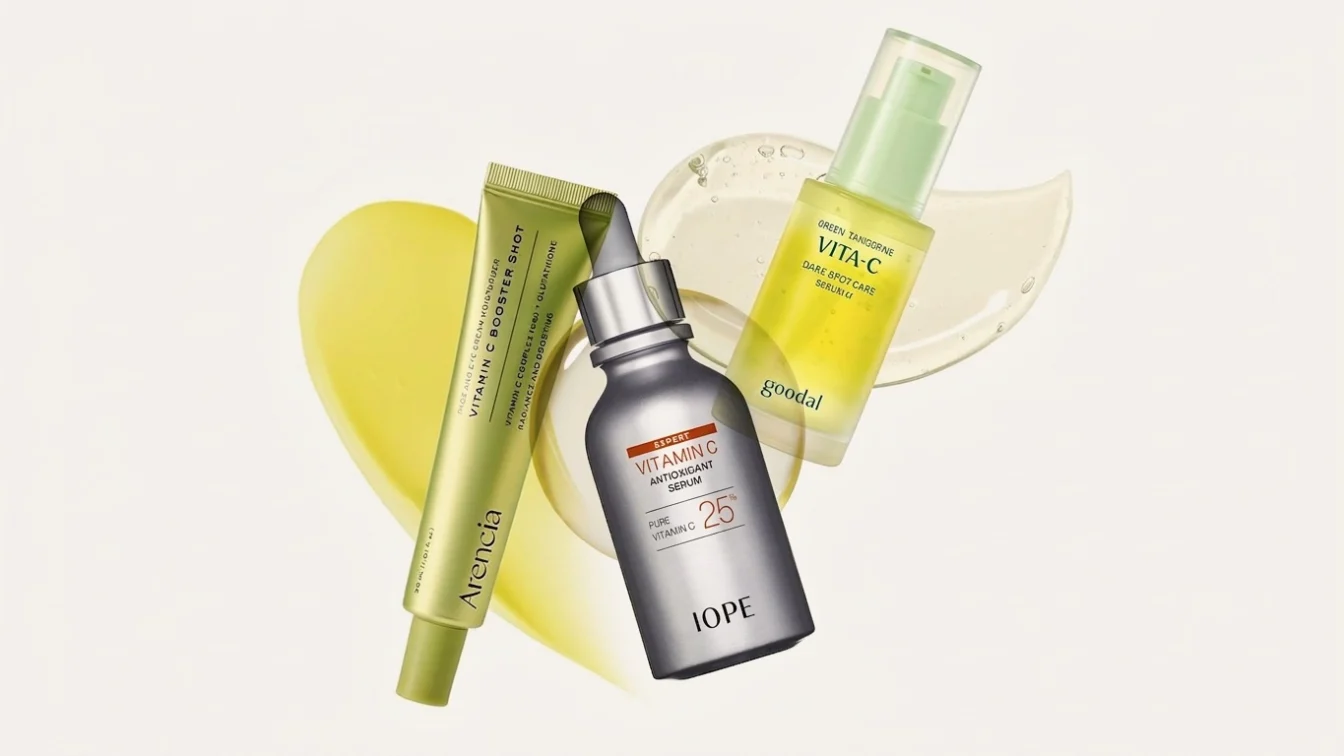 Image contains a collage of the best Korean vitamin C serums on a light gray background
