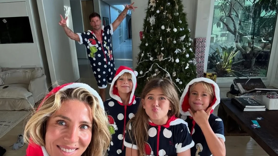 Chris Hemsworth, Elsa Pataky and their three children, India, Tristan and Sasha, pose for a family Christmas selfie, shared on Instagram