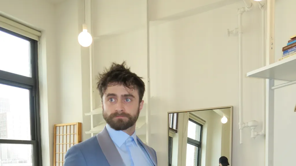 Image may contain Sam Houser Clothing Formal Wear Suit Blazer Coat Jacket Adult Person Tuxedo and Door