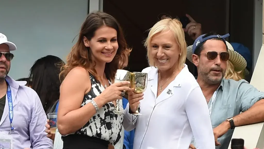 Martina Navratilova (R) and Julia Lemigova celebrate their engagement during day 13 of the 2014 US Open at USTA Billie Jean King National Tennis Center on September 6, 2014 in New York City