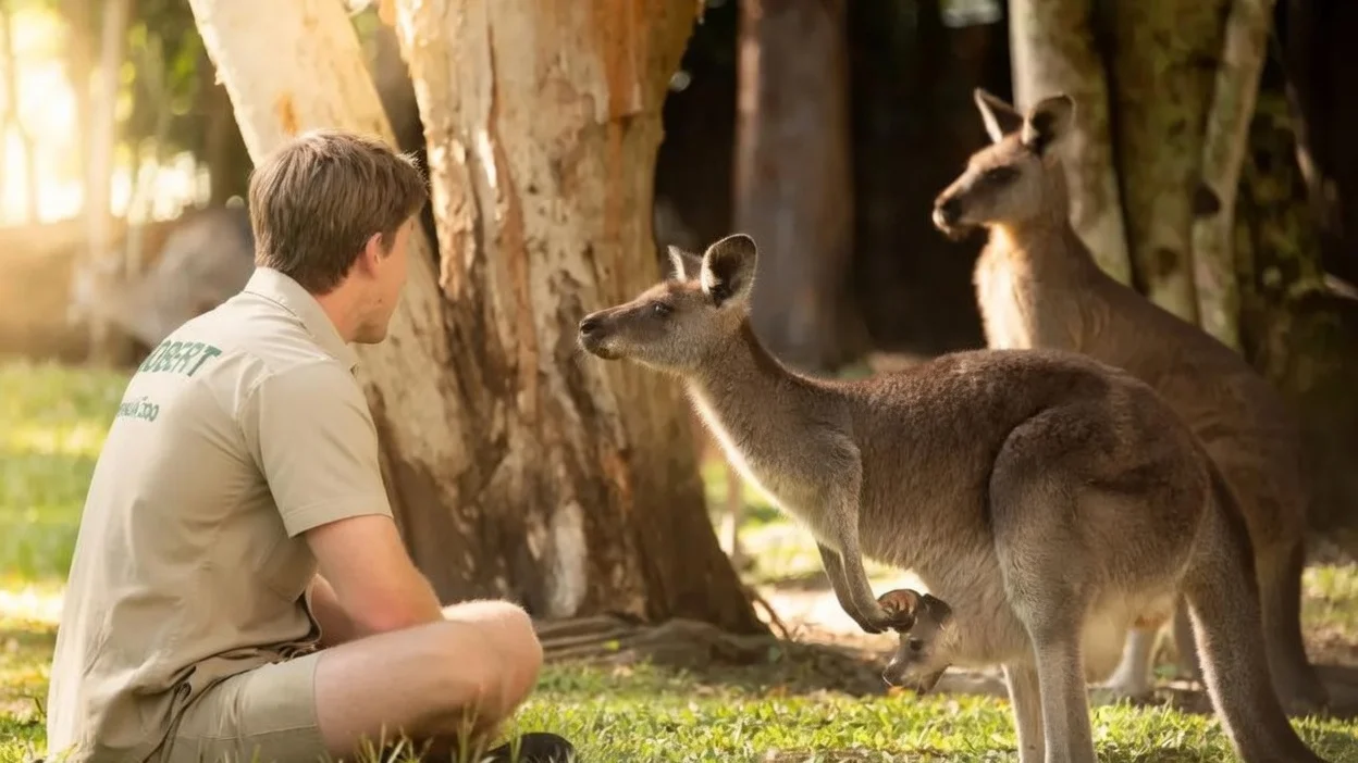 Robert Irwin with a joey named Cwtch