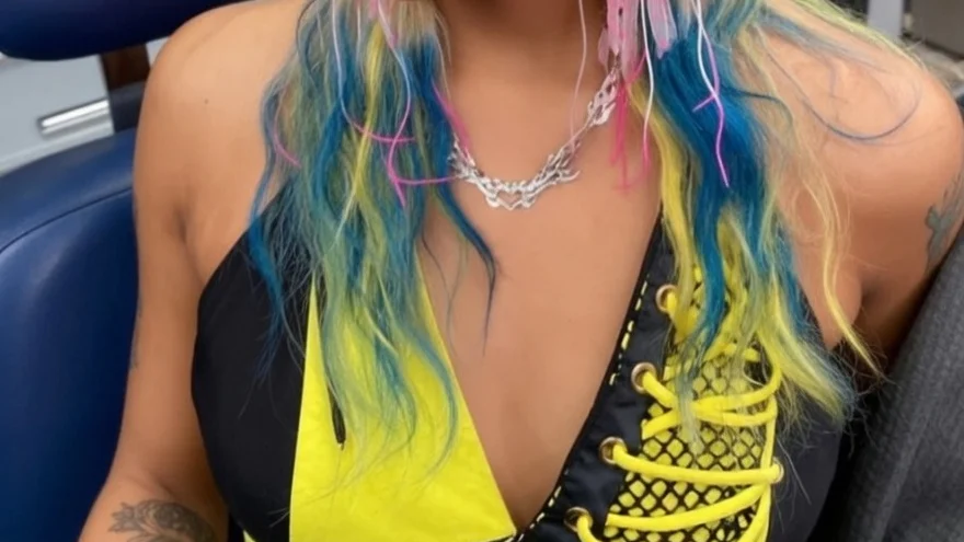 A photo of Rico Nasty in her blonde and dipdyed ends mullet for her role as KC in Margo's Got Money Troubles.