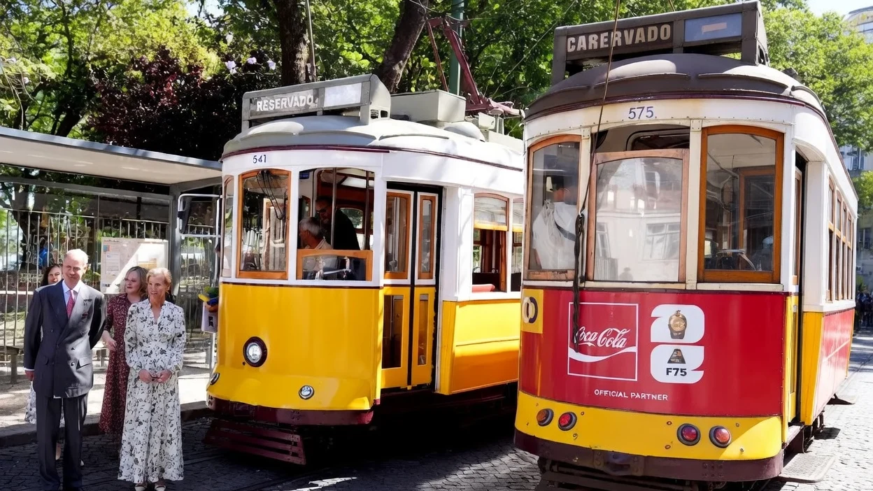 The Duke and Duchess of Edinburgh before boarding a tram in Lisbon